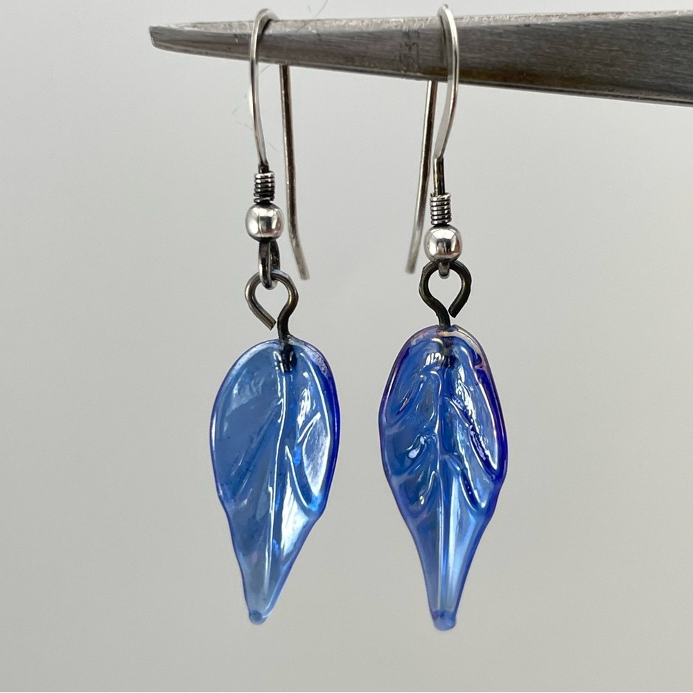 Sterling Silver Blue Glass Leaf Drop Earrings .925 Hook Artisan Style